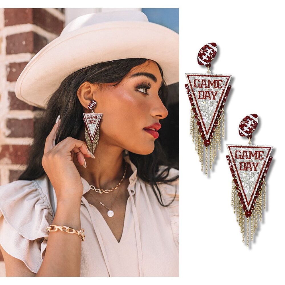 Crimson Alabama Football Team Leather Glitter Gameday Earrings